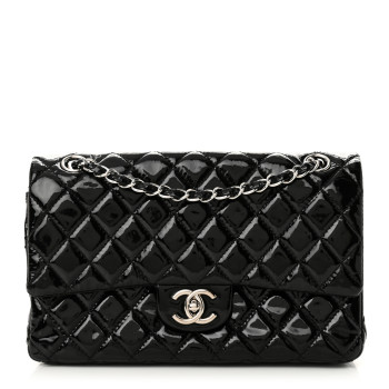 CHANEL Patent Calfskin Quilted Medium Double Flap Black