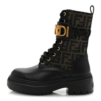 FENDI Vitello Fabric Jacquard FF Fendigraphy 50mm Biker Boots 35.5 Black Tobacco
