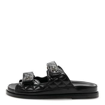CHANEL Lambskin Quilted Velcro Dad Chain CC Slide Sandals 38 Black