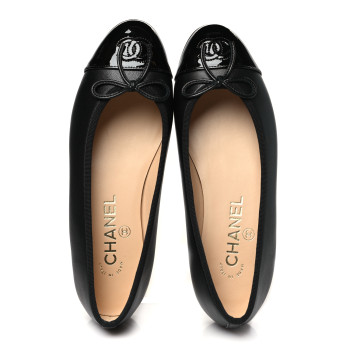 CHANEL Lambskin Patent CC Cap Toe Ballerina Flats 36 Black