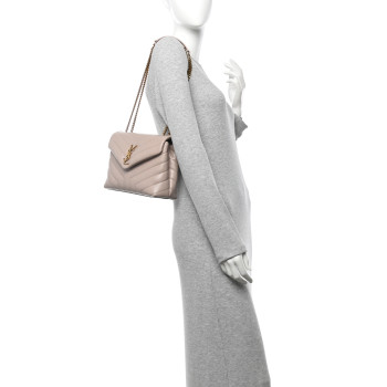 SAINT LAURENT Calfskin Y Quilted Monogram Small Loulou Chain Satchel Dark Beige