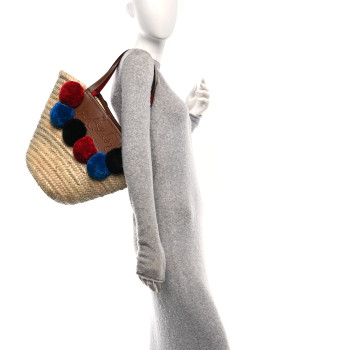 CHRISTIAN LOUBOUTIN Woven Straw Pompom Loubishore Tote Naturel Multicolor Biscotto