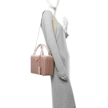 PRADA Wicker Canvas Shoulder Bag Pesca