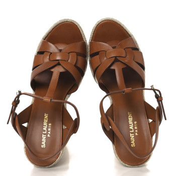 SAINT LAURENT Calfskin 85 Platform Espadrille Wedge Sandals 39 Brown