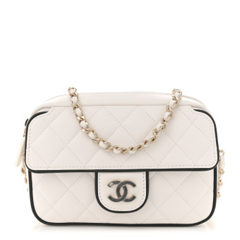 CHANEL Lambskin Resin Quilted Chain Camera Bag White Black