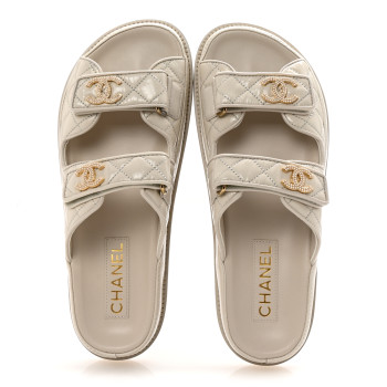 CHANEL Shiny Calfskin Quilted Velcro Dad Pearl CC Slide Sandals 39.5 Light Beige