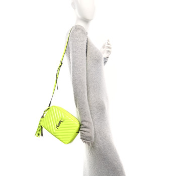 SAINT LAURENT Patent Calfskin Matelasse Monogram Lou Camera Bag Neon Yellow