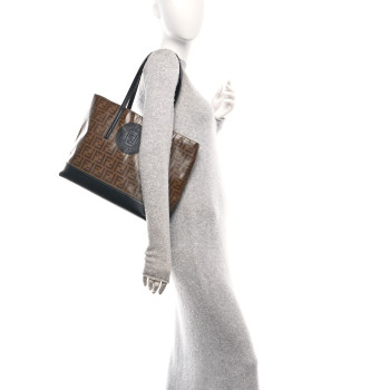 FENDI Glazed Fabric Vitello Century FF 1974 Stamp Patch Shopping Tote Mogano Panna Black