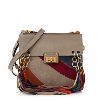 CHLOE Calfskin Suede Small Jane Fringe Bag Motty Grey Multicolor