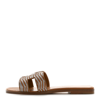 HERMES Embroidered Calfskin Oran Sandals 38 Naturel Gris Argente