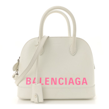 BALENCIAGA Signature Grained Calfskin Logo S Ville Top Handle Bag White Pink