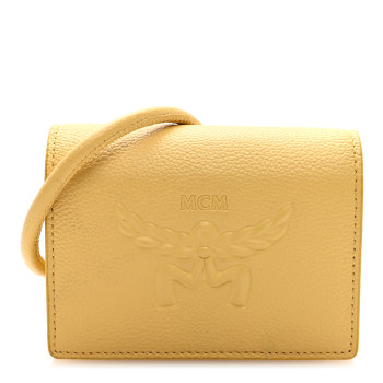 MCM Calfskin Logo Embossed Card Case On Strap Yellow