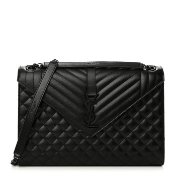 SAINT LAURENT Grain De Poudre Textured Mixed Matelasse Large Triquilt Monogram Monochrome Satchel Black