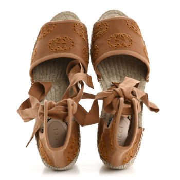 GUCCI Canvas Damita GG Eyelet Espadrille Wedge Sandals 38 Blondie Cognac