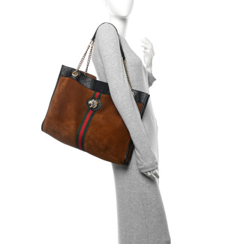 GUCCI Suede Patent Large Rajah Chain Tote Nocciola Black