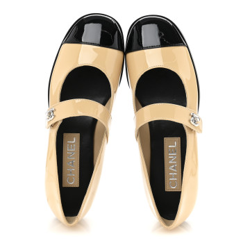 CHANEL Patent Calfskin Mary Janes Flats 37 Beige Black
