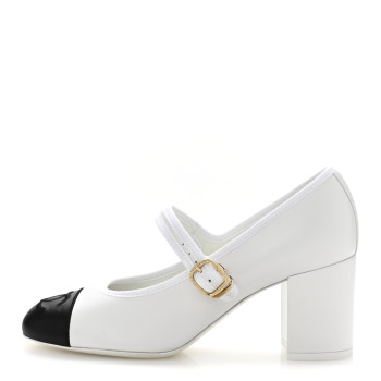 CHANEL Lambskin CC Cap Toe Mary Jane Pumps 39 White Black