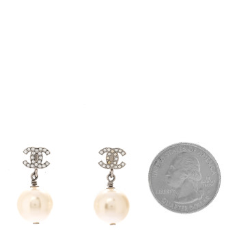 CHANEL Crystal Pearl CC Drop Earrings Silver Pearly White