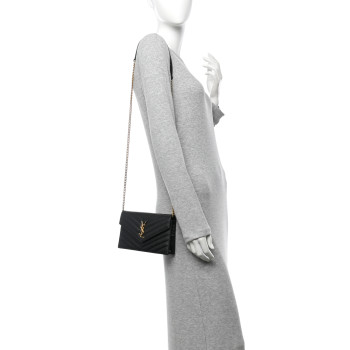 SAINT LAURENT Grain De Poudre Matelasse Chevron Monogram Envelope Chain Wallet Black