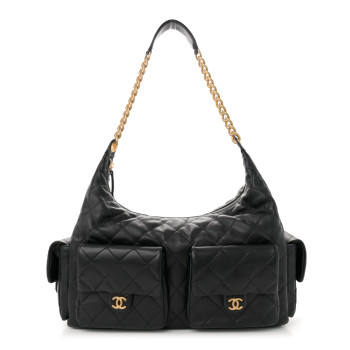 CHANEL Shiny Lambskin Quilted Maxi Trendy Pockets Hobo Black