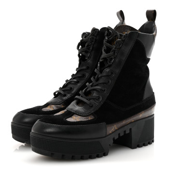 LOUIS VUITTON Suede Calfskin Monogram Laureate Platform Desert Boots 37 Black