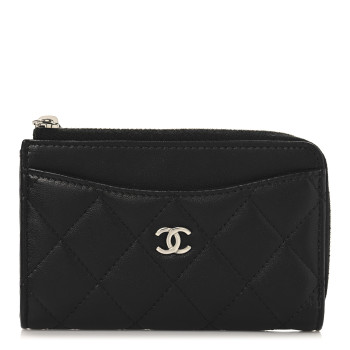 CHANEL Lambskin Quilted Zip Card Holder Black