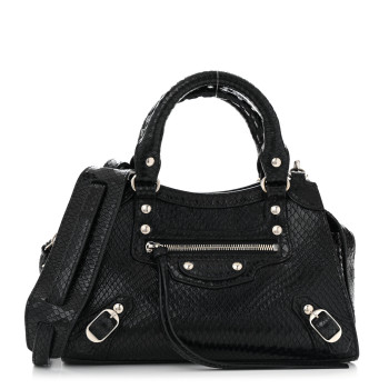 BALENCIAGA Grained Calfskin Snake Effect Silver Hardware Neo Classic Mini City Black