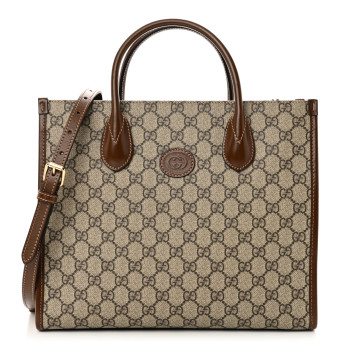 GUCCI GG Supreme Monogram Azalea Calfskin Small Retro Interlocking G Tote Bag Beige Ebony Brown Sugar