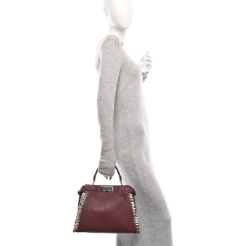 FENDI Cuoio Romano Elaphe Selleria Lace Up Bi-Color Medium Peekaboo Iconic Satchel Bordeaux Grigio Polvere Natural