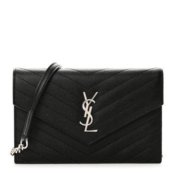 SAINT LAURENT Grain De Poudre Matelasse Chevron Monogram Envelope Chain Wallet Black