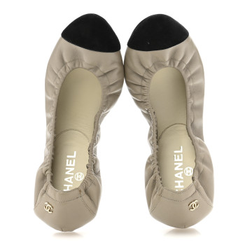 CHANEL Lambskin CC Elastic Cap Toe Ballerina 40 Flats 40 Beige Black