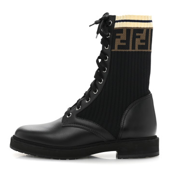 FENDI Calfskin Stretch Fabric Rockoko Biker Boots 37.5 Tobacco Black Marino
