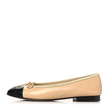 CHANEL Lambskin Cap Toe CC Ballerina Flats 36 Beige Black