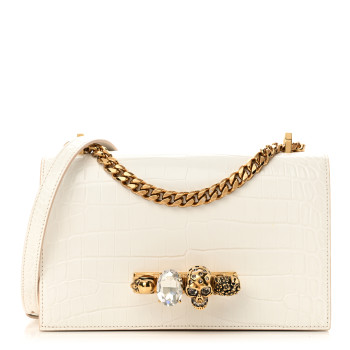 ALEXANDER MCQUEEN Shiny Calfskin Crocodile Embossed Knuckle Jeweled Crossbody White