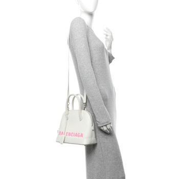BALENCIAGA Signature Grained Calfskin Logo S Ville Top Handle Bag White Pink