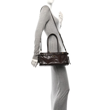 PRADA Glossy Calfskin Triangle Medium Bonnie Shoulder Bag Dark Brown