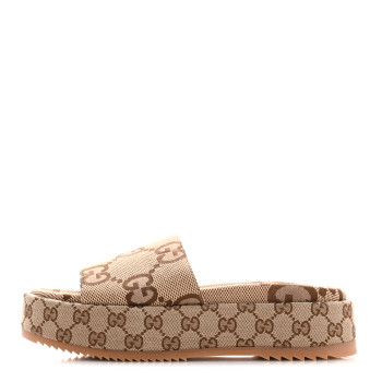GUCCI Monogram Maxi GG Angelina Platform 55mm Slide Sandals 40 Camel Ebony