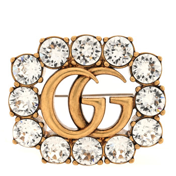 GUCCI Metal Crystal Double G Brooch Aged Gold
