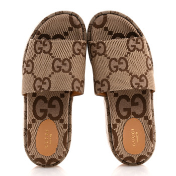 GUCCI Monogram Maxi GG Angelina Platform 55mm Slide Sandals 40 Camel Ebony