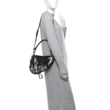 CHRISTIAN DIOR Calfskin New York Printed Saddle Bag With Strap Black White