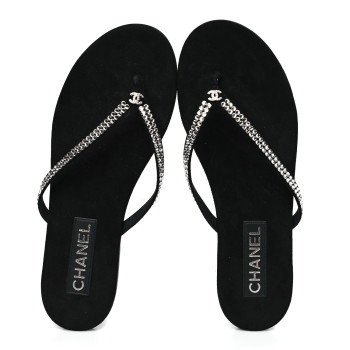 CHANEL Suede Kidskin Strass CC Thong Sandals 40 Black