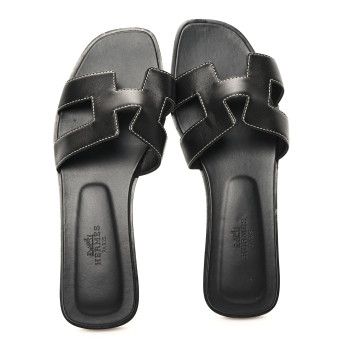 HERMES Box Calfskin Oran Sandals 36.5 Black