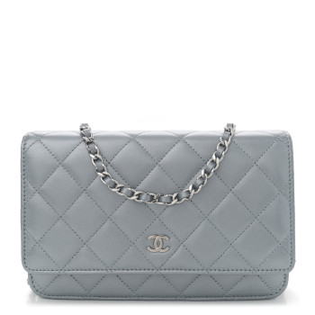 CHANEL Metallic Lambskin Quilted Wallet On Chain WOC Silver