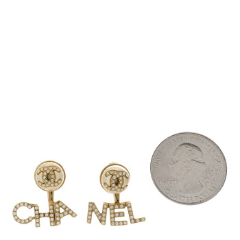 CHANEL Pearl Crystal Logo Earrings Gold Pearly White