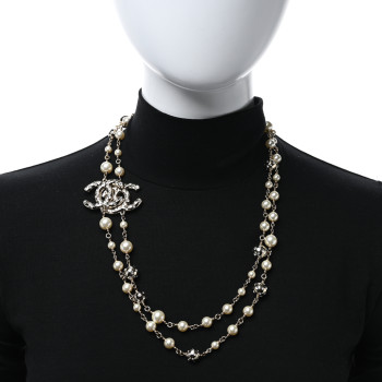 CHANEL Pearl Crystal CC Long Necklace Gold Pearly White