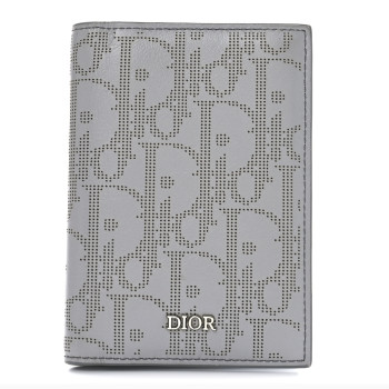 CHRISTIAN DIOR Calfskin Perforated Oblique Bi-Fold Card Holder Grey
