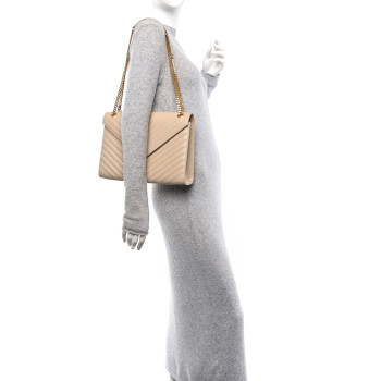 SAINT LAURENT Grain De Poudre Matelasse Chevron Large Monogram Satchel Nude Powder