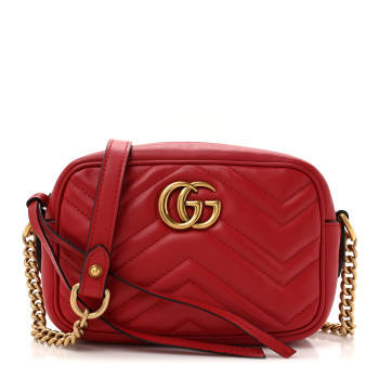 GUCCI Calfskin Matelasse Mini GG Marmont Chain Shoulder Bag Hibiscus Red