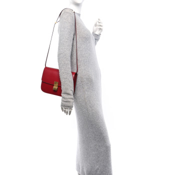 CELINE Box Calfskin Medium Classic Box Flap Bag Red