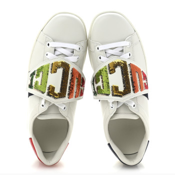 GUCCI Calfskin Sequins Web Game Logo Womens Ace Sneakers 36 White